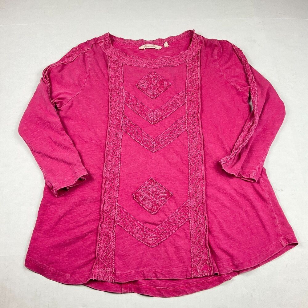 Soft Surroundings Florence Embroidered Top Pink Boho Artisan Casual Shirt SMALL